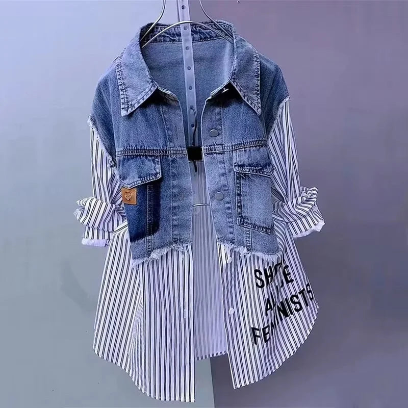 2025 New Spring/Summer Fashion Korean Striped Denim Shirt Jacket Women's Design Sense Stitching Women Jackets Temperament Coat