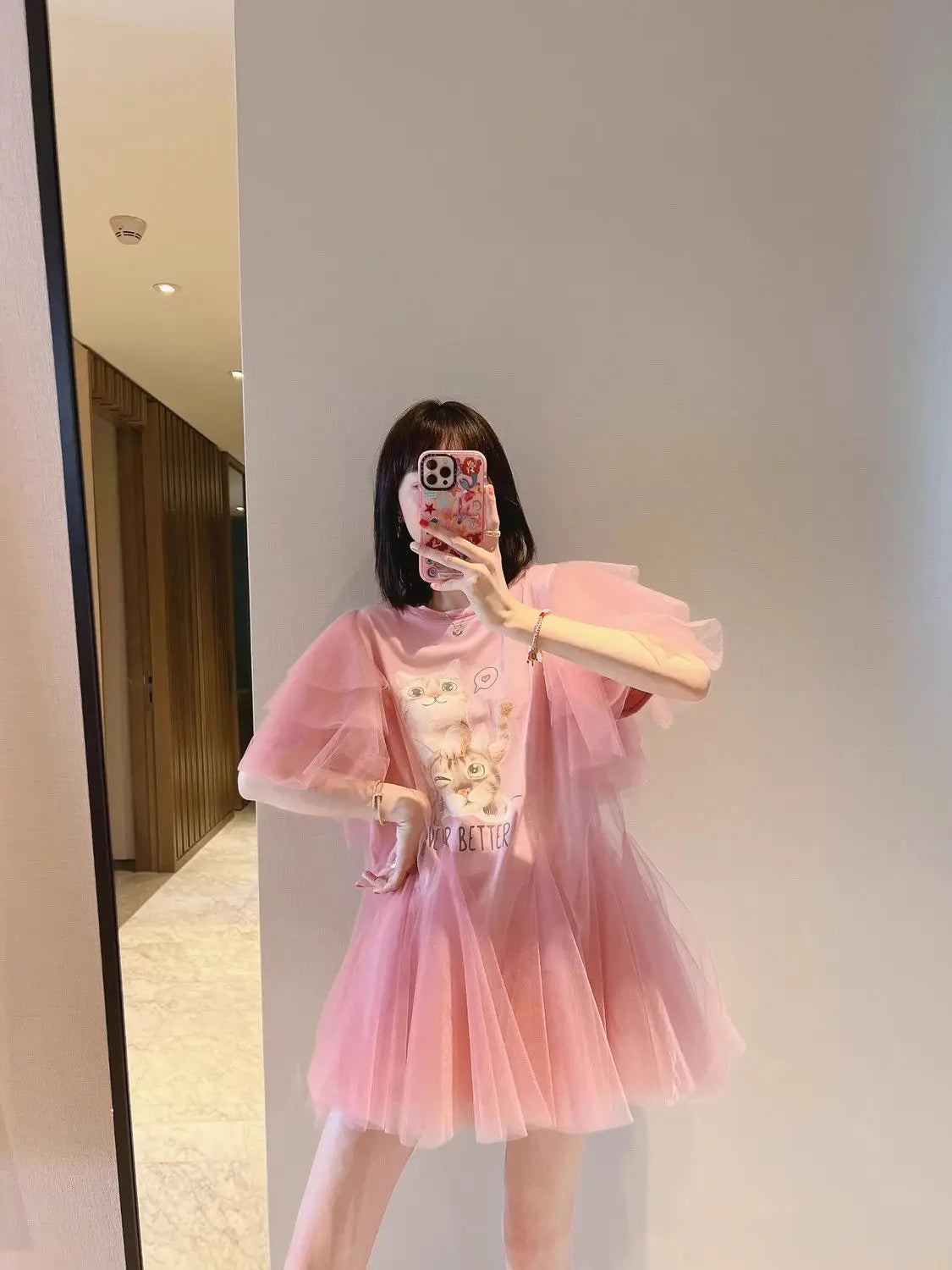 Luxury Cartoon Printed Pink Mesh Spliced Tees Dress Gauze Ruched Irregular T-shirts Dress Jumpers Short Flare Sleeve Crop Tops