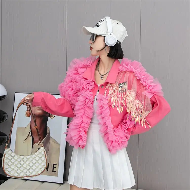 Women Mesh Spliced Ruffles Sequined Tassels Demin Denim Coat Spring Autumn Mesh Pleated Fringed Bomber Jacket Bf Streetwear Tops