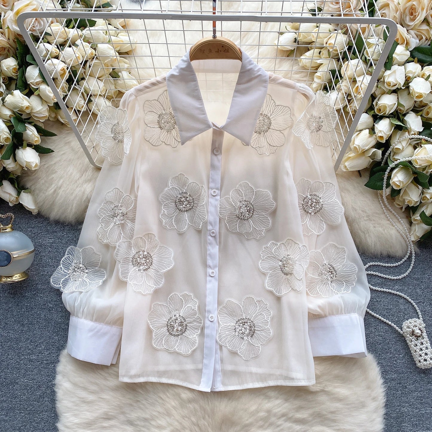 Neploe Heavy Beading Sequin 3D Flower Shirt for Women 2025 Spring New See Through Mesh Blouses Y2k Long Sleeve Blusas Mujer