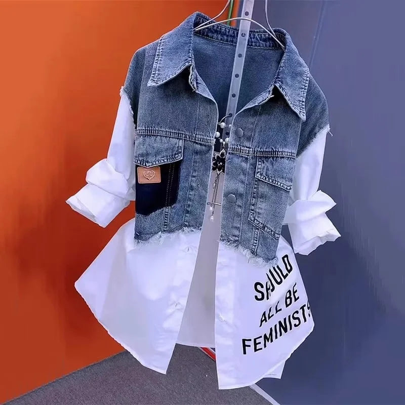 2025 New Spring/Summer Fashion Korean Striped Denim Shirt Jacket Women's Design Sense Stitching Women Jackets Temperament Coat