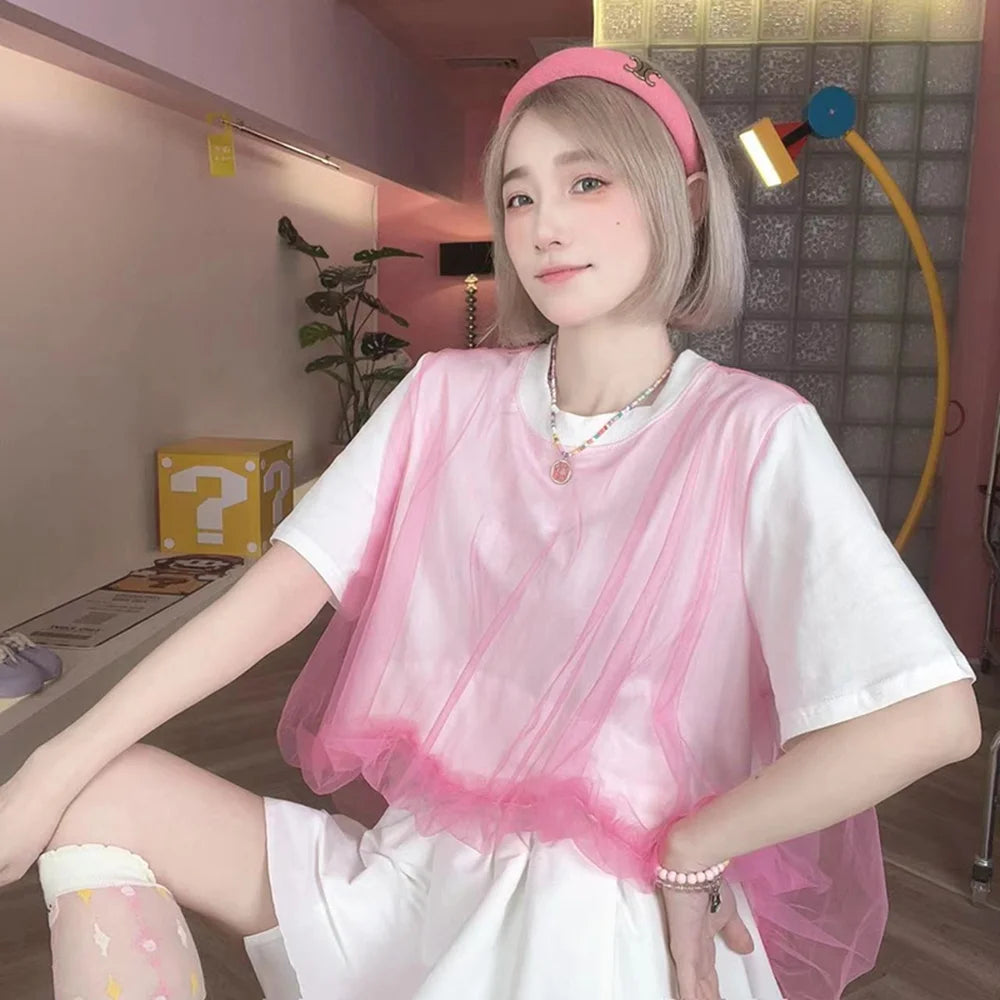 2024 Summer Mesh Splice Short Sleeve T-shirt Women's O Neck Loose Cotton Tops Female Fashion Pink Gauze Chic Tees Ladies Trend