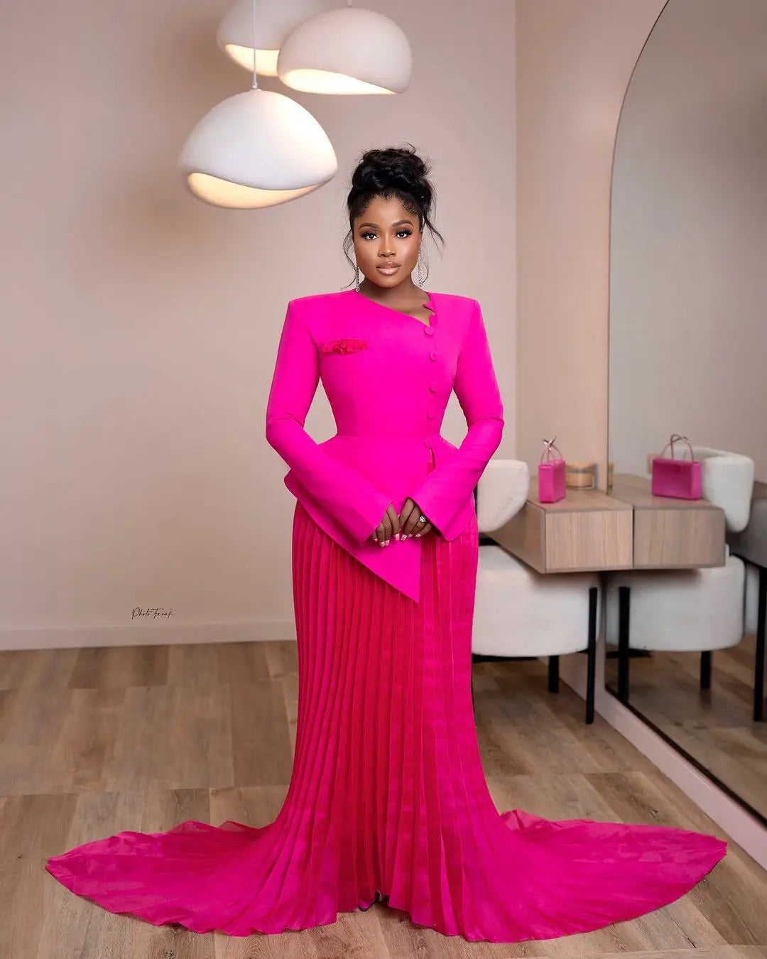 Plus Size African Hot Pink Evening Dresses Custom Made Aso Ebi Formal Outfits Black Women Formal Dress Suits Wedding Guest Dress