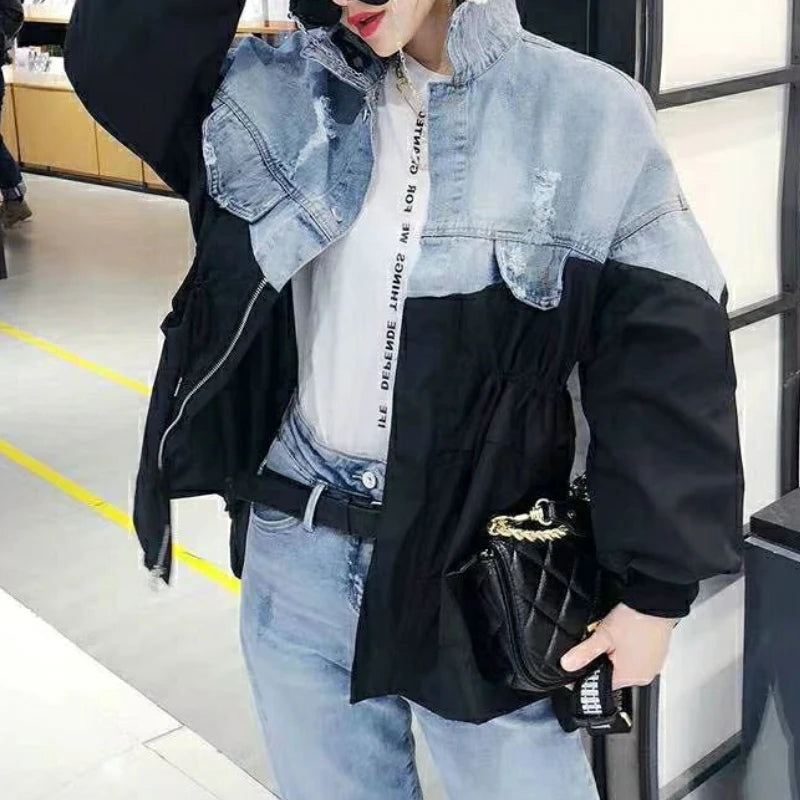 Women Casual Fashion Thin Denim Jackets 2023 Harajuku Patchwork Jacket Coats Long Sleeve Windbreaker Female Drawstring Outerwear