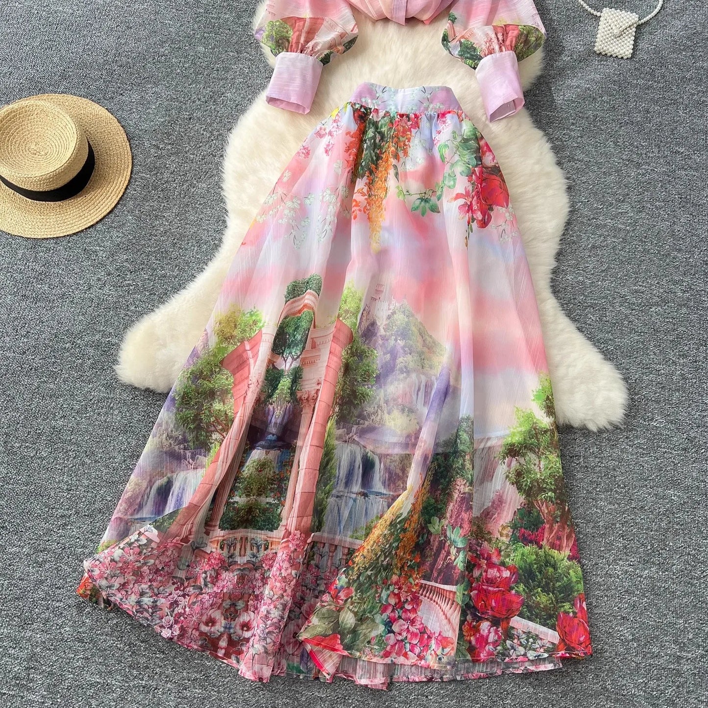 High Quality Women Summer Boho Floral Print Skirt Set Long Sleeve Blouse Top+High Waist Pleated Maxi Skirt Two Piece Suits