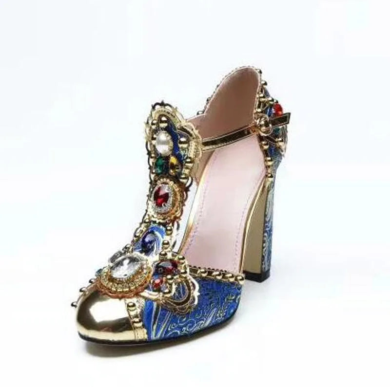 Luxury Multi Diamond Pearl Jeweled Pumps Blue Floral Jacquard T- Strap Chunky Heels Bling Golden toe  Mary Janes  Pumps Shoes