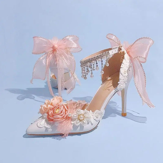 Lolita Bride Shoes 2024 New Pearl Rhinestone Pink High Heels for Women Sweet Flower Knot Bridal Wedding Shoes