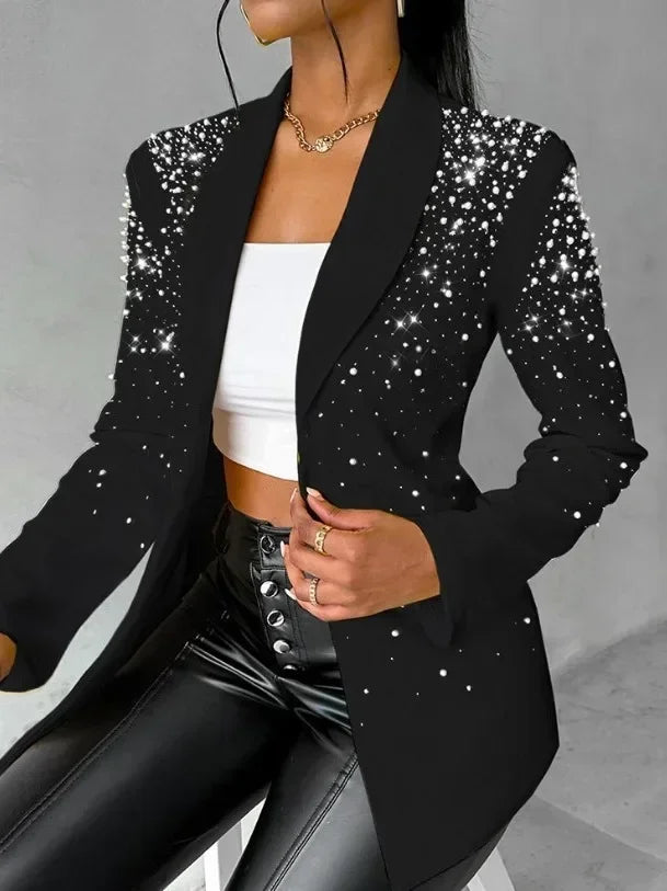 2025Women's Blazer Autumn Fashion Beaded Elegant Temperament Shawl Collar Plain Long Sleeve Work Blazer Coat Office Lady Blazers