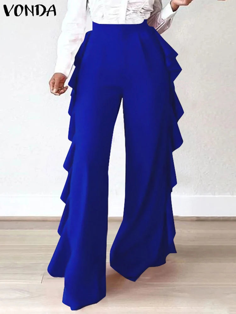 VONDA Women Long Wide Leg Pants 2024 Solid Color Casual Loose Ruffled Elastic Waist Trousers Fashion Elegant Bottoms Oversized