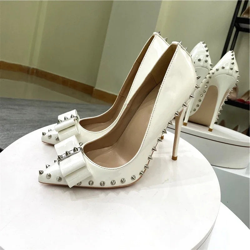 Heelgoo 2025 Newly 12cm 10cm 8cm Spikes Bow Women Sexy Pointy Toe High Heel Shoes Party Dress Stiletto Pumps Plus Size 33-46