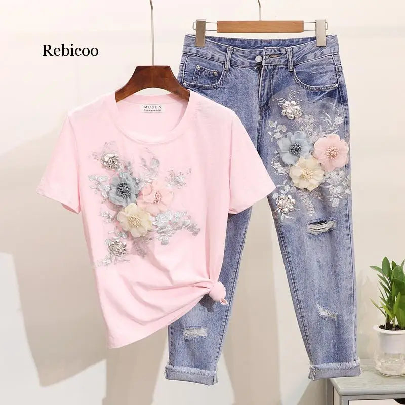 Women Heavy Work Embroidery 3D Flower Tshirts + Jeans 2pcs Clothing Sets Summer Casual Suits