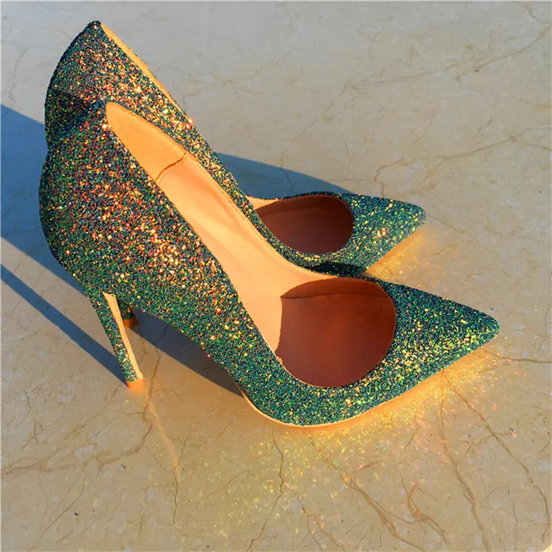 Tikicup Green Shiny Sequins Women Pointy Toe High Heels Slip On Stiletto Pumps for Elegant Ladies Chic Wedding Party Dress Shoes