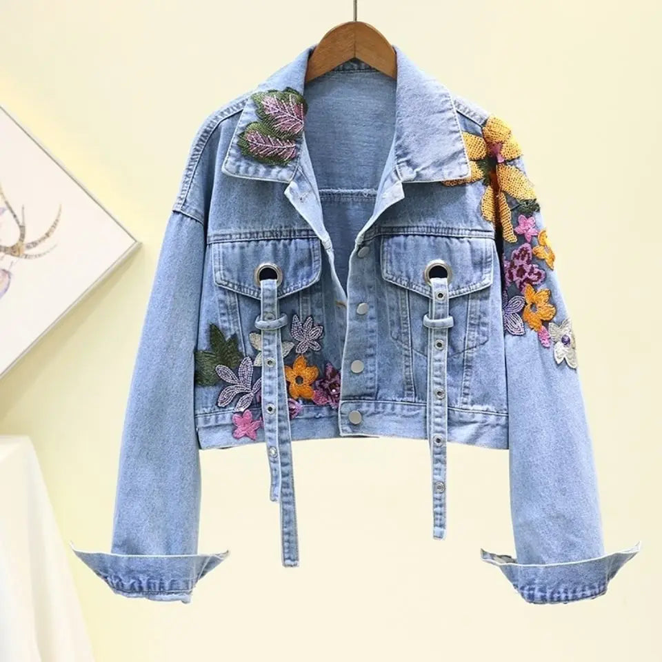 Women Jeans Jacket Feminine Spring Autumn Sequin Floral Embroidery Denim Jackets Coat Female Short Long Sleeve Outerwear Femme