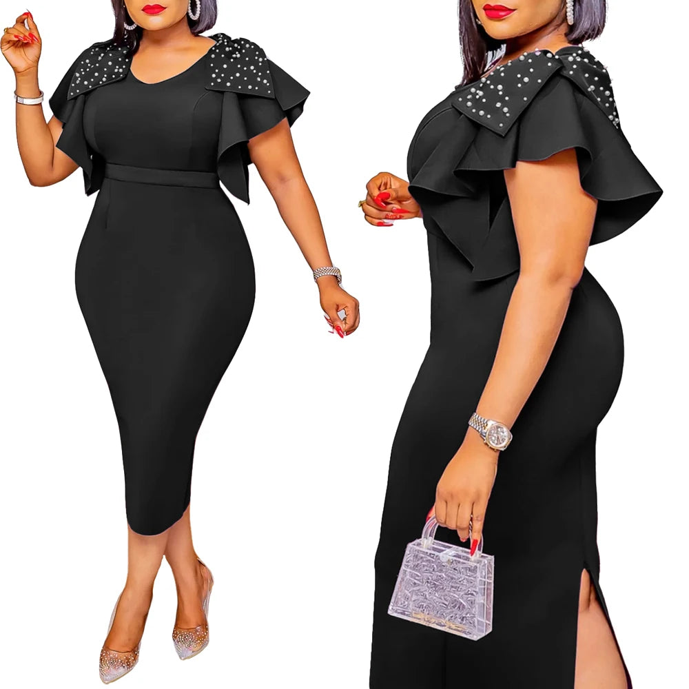 Elegant Sheath Bodycon Dresses for Women Church Trendy V Neck Bead Ruffle Sleeve Back Split Mid Calf Luxury Birthday Party Dress