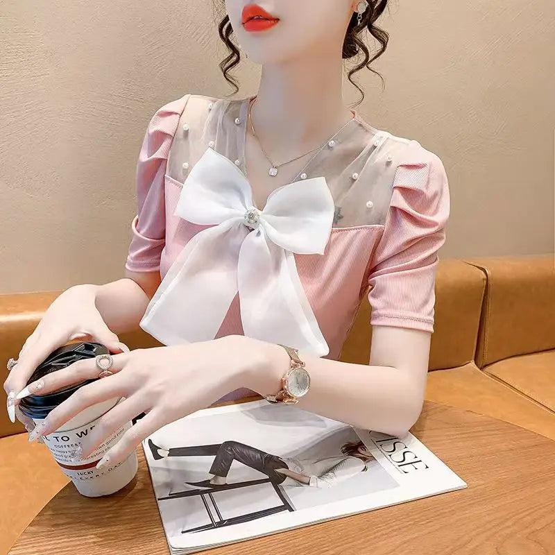 Sweet Summer Tees Women's T-shirt Fashion Beading Bow Splicing Mesh V-neck Short Sleeve Top Slimming Party T-shirt 2025 New