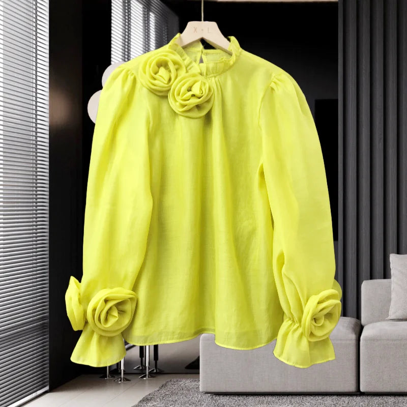 EWQ Three-dimensional Flower Stand Solid Color Chic Design Sweet Style And Youth Woman Blouses Spring Summer 2024 New 17G5206