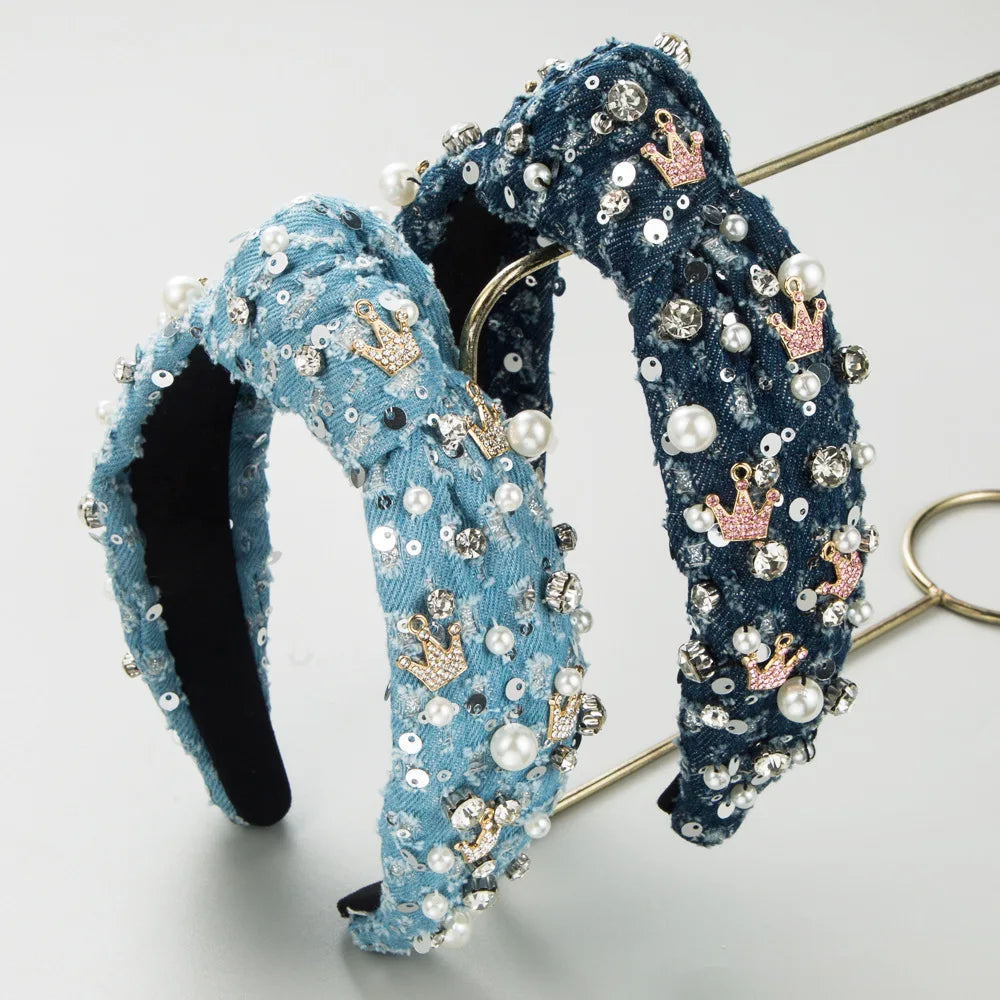 European and American New Denim Headband Hand-Stitched Pearl Rhinestone Crown Colored Loving Heart Knotted Hairband