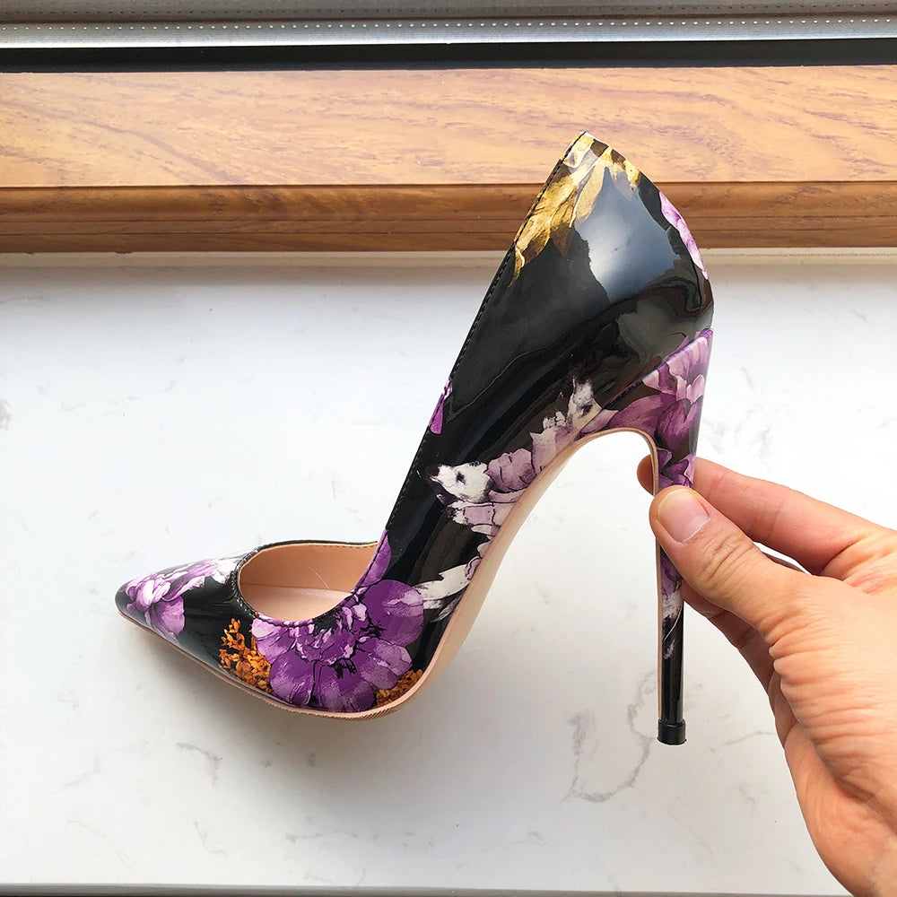 Tikicup Purple Flower Print Women Glossy Patent Pointy Toe 8-12cm High Heel Shoes Chic Floral Stiletto Pumps Large Size 43 44 45