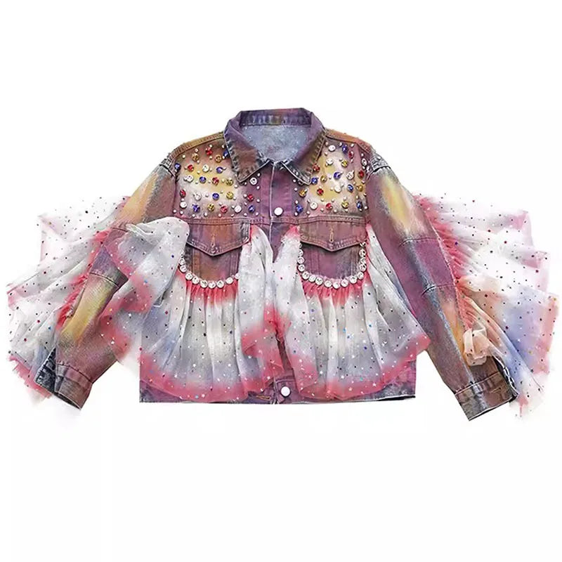 Spring New Women Mesh Patchwork Diamond Tie-dyed Hand-painted Graffiti Denim Jacket Streetwear Casual Long Sleeve Jeans Jackets