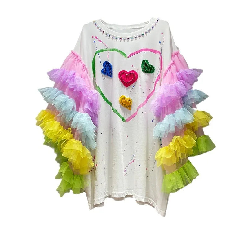 Sweet Summer Women Diamonds Beaded 3D Hearts Splicing T-shirt Mesh Spliced Ruffles Flare Sleeve Sequins Tees Oversized Crop Tops