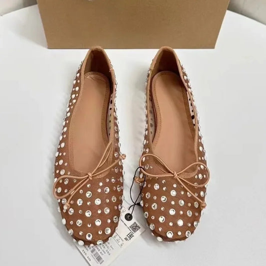 Luxury Rhinestones Women Shoes 2025 Spring Shallow Breathable Mesh Round Toe Bling Bowtie Elegant Ballet Flats for Female