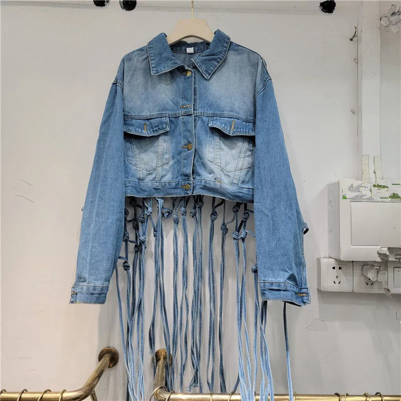 Edgy Cropped Denim Jacket with Macramé Fringe