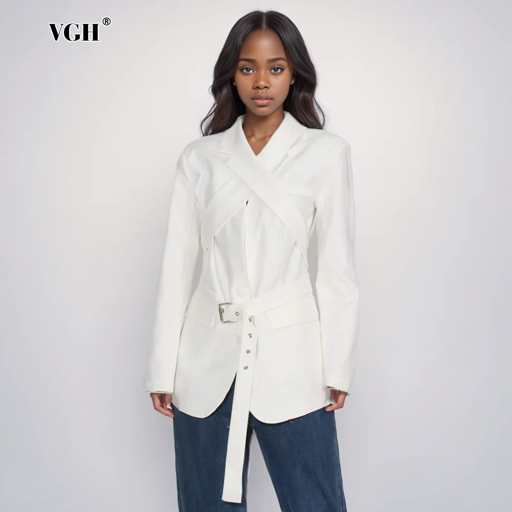 VGH Solid Minimalist Hollow Out Chic Blazers For Women Round Neck Long Sleeve Spliced Belt Slimming Blazer Female Fashion New