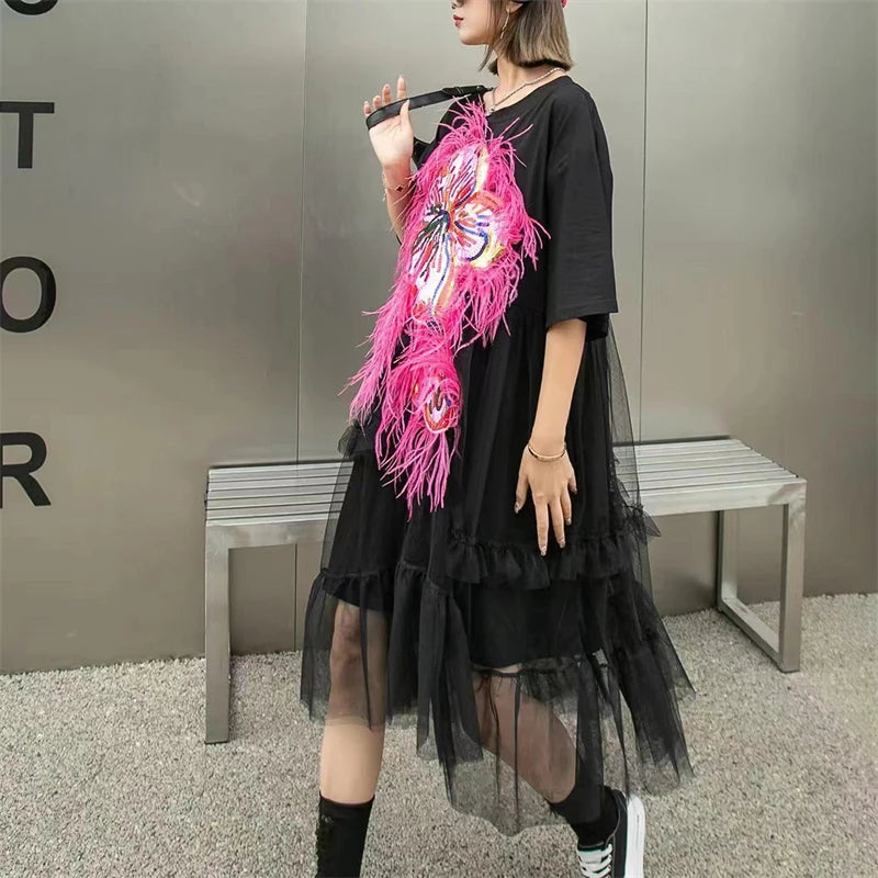 Thailand Fashion Brand Women's Summer New Dress Heavy Industry Sequins Splicing Mesh Loose Medium length T-Shirt Dress