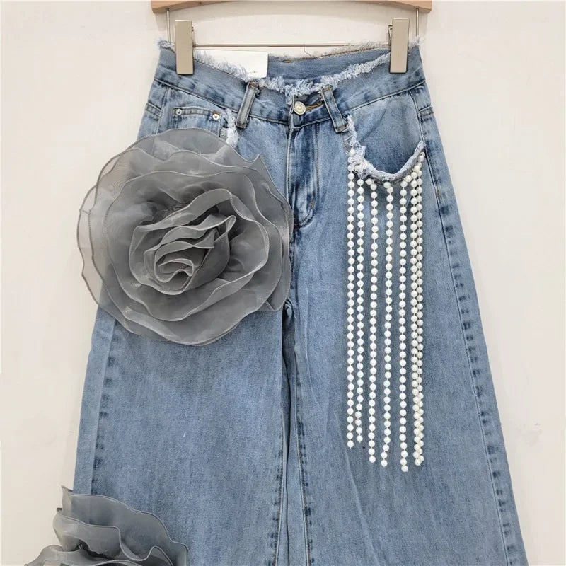 Woman 3D Mesh Flowers Spliced Beaded Fringed Jeans Straight Pearls Beaded Tassels Wide Legs Denim Pants Floral Cowboy Trousers