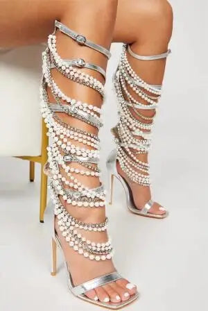 Sliver Leather Crystal Rhinestone White Pearl Chain Cross Strap Gladiator Cuts Out Thin Heels Knee High Sandals Boots Women