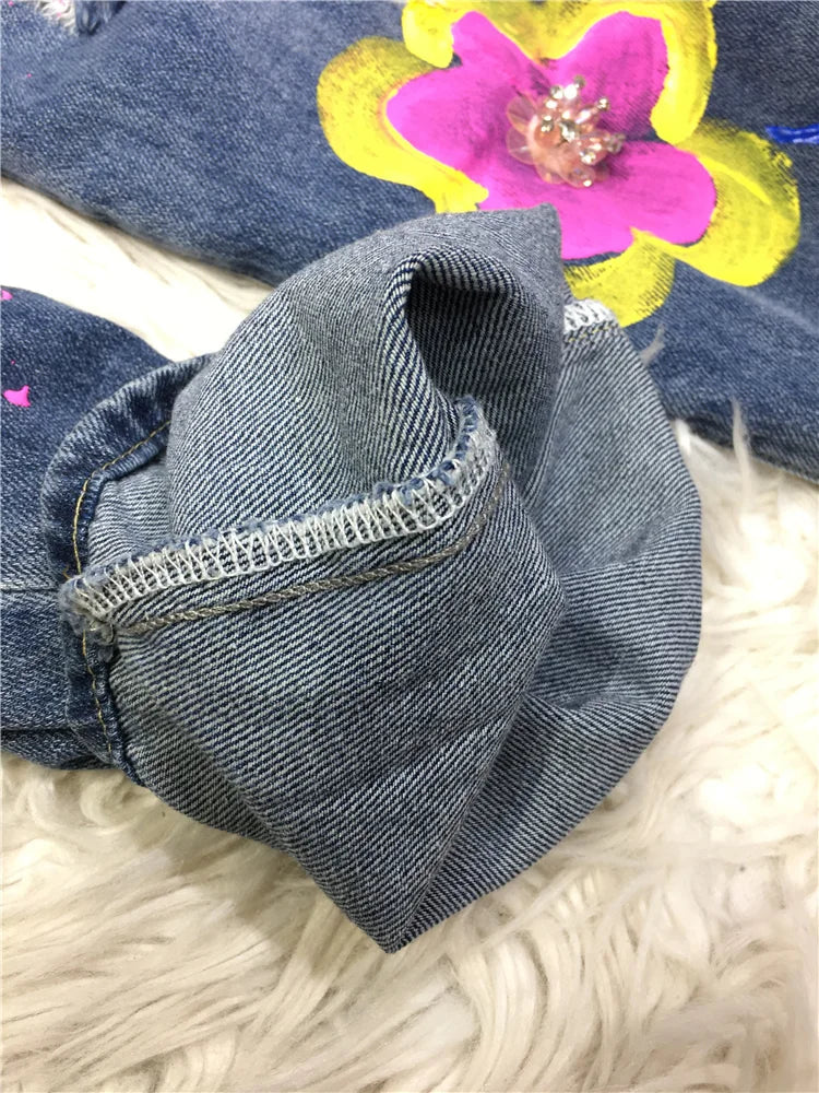 Mesh 3d Patch Flowers Beading Embroidery Streetwear Women Jeans 2023 New Summer Elastic Waist Straight Hole Denim Beggar Pants