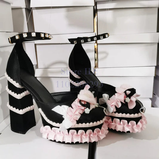 Sweet Pink Ruffles Chunky Heel Sandals Round Toe Platform Heart Crystal Ankle Buckle Strap Pumps Women Lolita Dress Shoes 2024