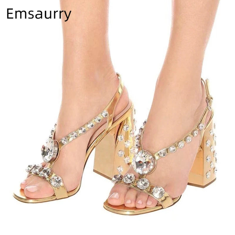 2025 Chic Rhinestone High Heel Sandals Women Jeweled Chunky Heel Diamond Strappy Summer Sandalias Mujer Gold Party Shoes Woman