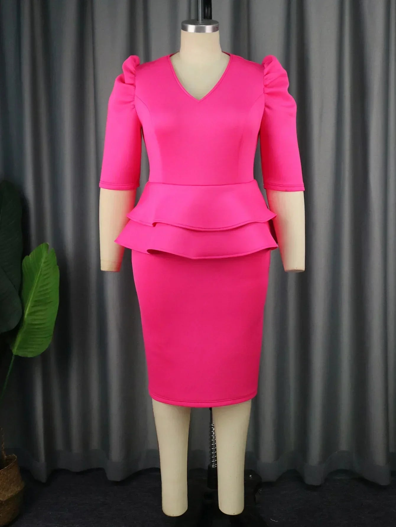 Elegant Women Rose Red Pencil Dress Ruffle Peplum Waist Plus Size V Neck Sheath Dresses Formal Occasion Cocktail Event Clothing