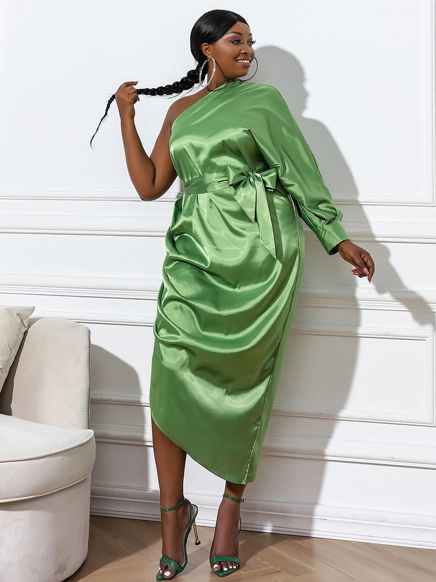 Missord Green Satin Midi Plus Size Dresses Elegant Women One Shoulder Long Sleeve Belt Stretch Shirring Split Prom Party Dress