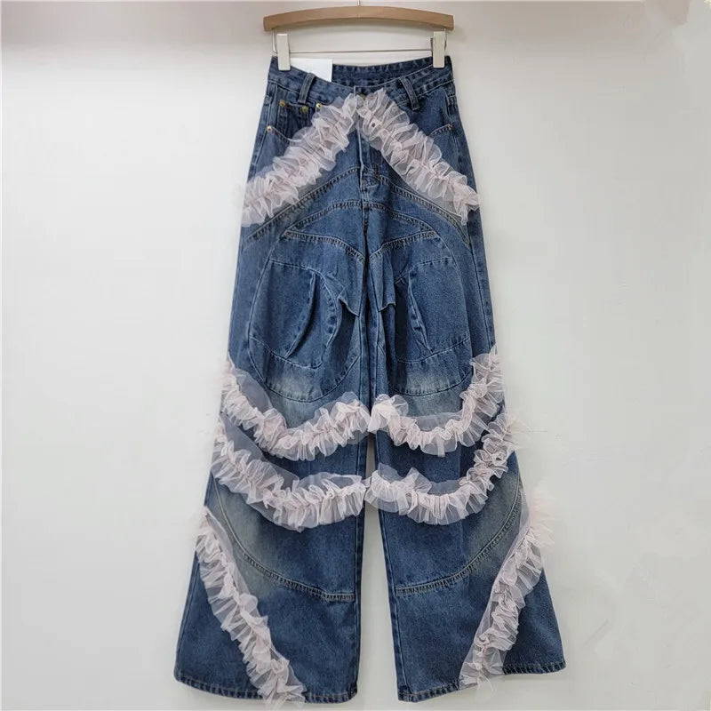 WTHT Vintage Fashion Women's Spliced Mesh Edge Wide Leg Jeans 2024 Winter High Waist Loose Denim Pants Female 1LS430