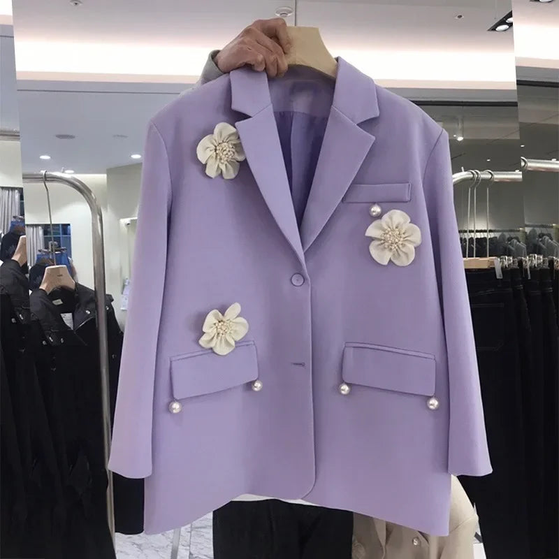 3D Flowers Blazer Mujer Spring Autumn Korean Fashion Sweet Blazers for Women Beading Vintage Ropa De Mujer Elegant