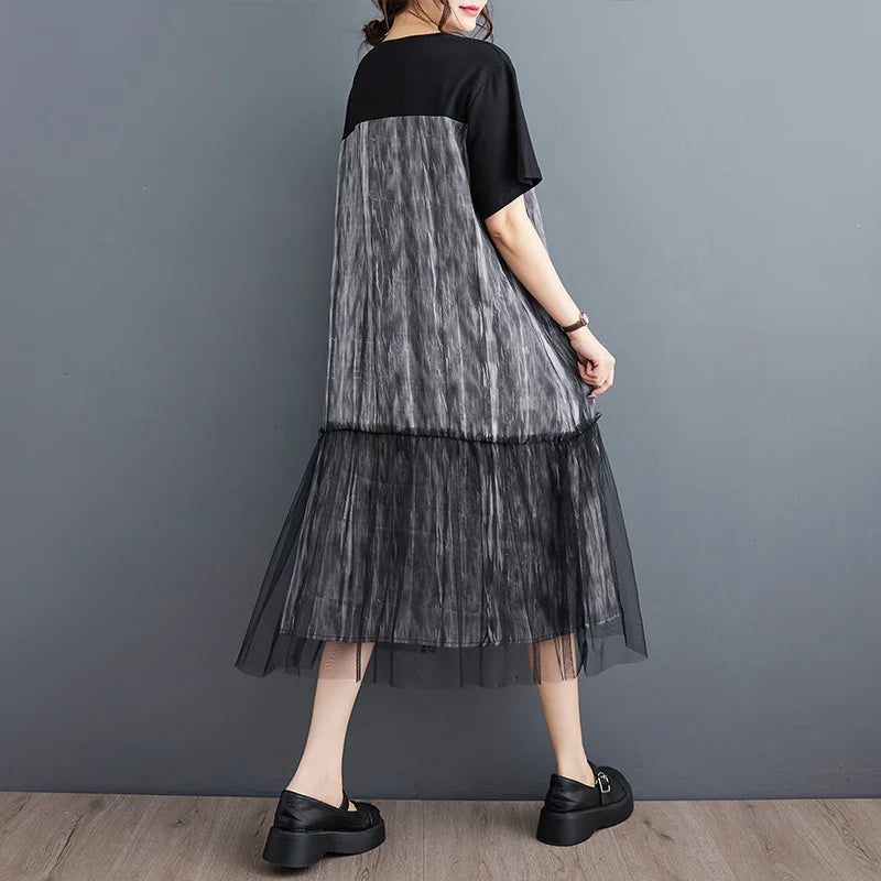 #6616 Black Tie Dye False Two Piece T Shirt Dress Spliced Mesh Vintage Dress Women Loose Streetwear Tshirt Dress Female Midi