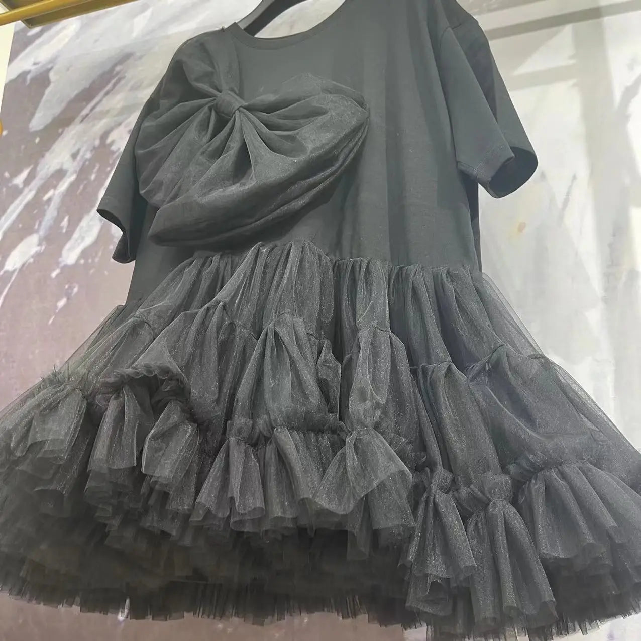 Original Design Dark Bow Cute Ball Gown Dress 2024 New Summer Short Sleeve T-shirt Elegant Mesh Splicing Mid-long Fairy Tops