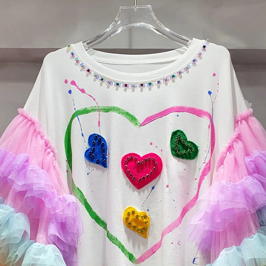 Sweet Summer Women Diamonds Beaded 3D Hearts Splicing T-shirt Mesh Spliced Ruffles Flare Sleeve Sequins Tees Oversized Crop Tops