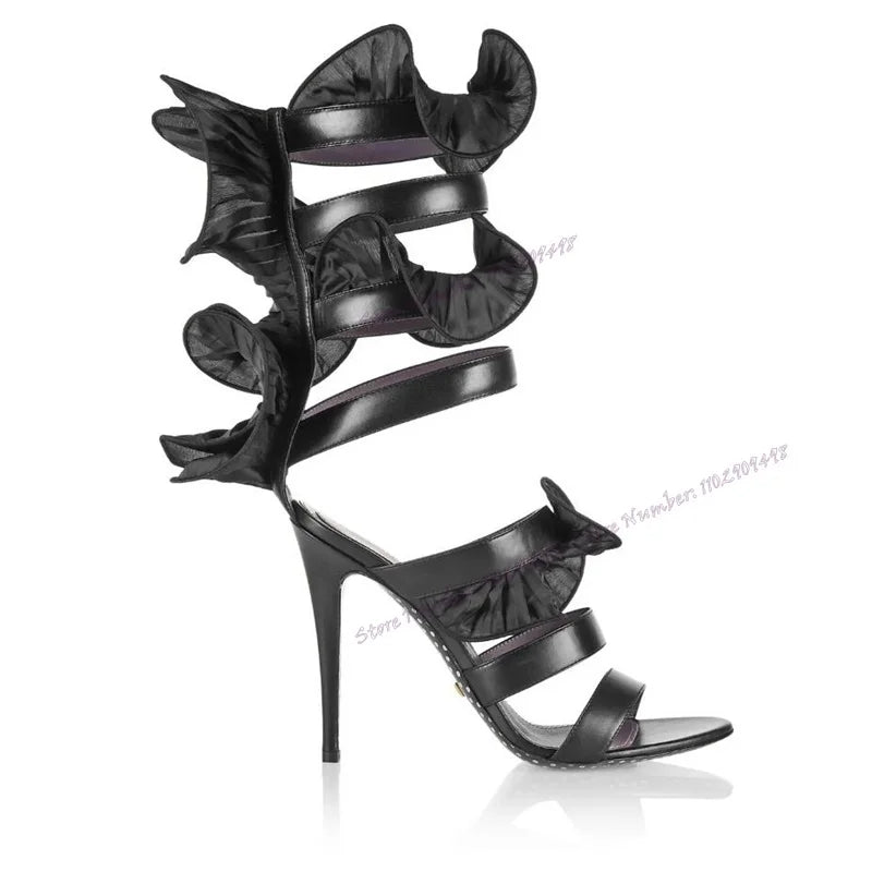 Black Ruffles Slip On Sandals Open Toe Shoes for Women Back Zipper Thin High Heel Summer Fashion Shoes 2023 Zapatos Para Mujere