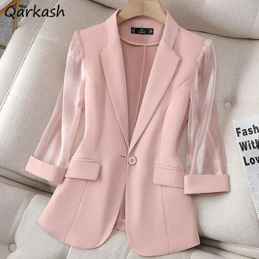 S-3XL Summer Blazers Women Slim Temper Elegant Sun Proof Office Lady Clothes Thin Vintage British Style 3-Colors Spliced Outwear