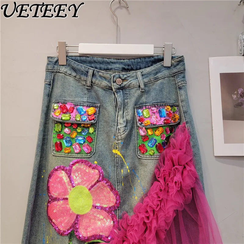 Heavy Painting Beaded Sequins Flower Stitching Beveled Mesh Skirt Women's Niche Design All-Matching Jeans Mid-length Skirt