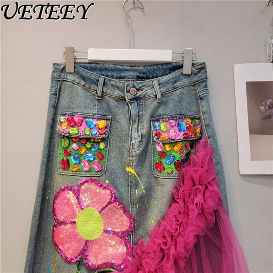 Heavy Painting Beaded Sequins Flower Stitching Beveled Mesh Skirt Women's Niche Design All-Matching Jeans Mid-length Skirt