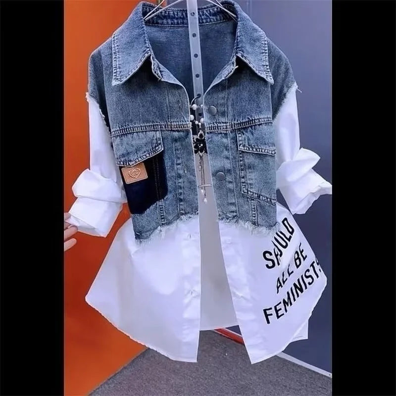 2025 New Spring/Summer Fashion Korean Striped Denim Shirt Jacket Women's Design Sense Stitching Women Jackets Temperament Coat