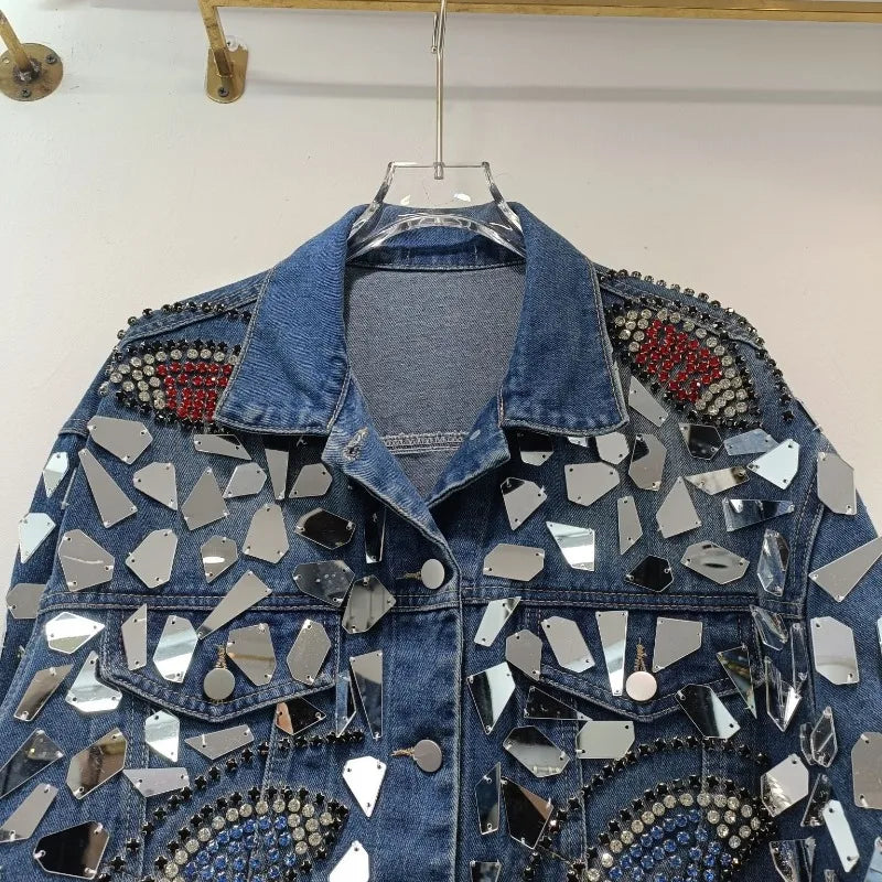 Premium Denim Jacket New Autumn Heavy Industry Sequins Handmade Diamond-encrusted Fashion Handsome Top Single-breasted Cool Coat