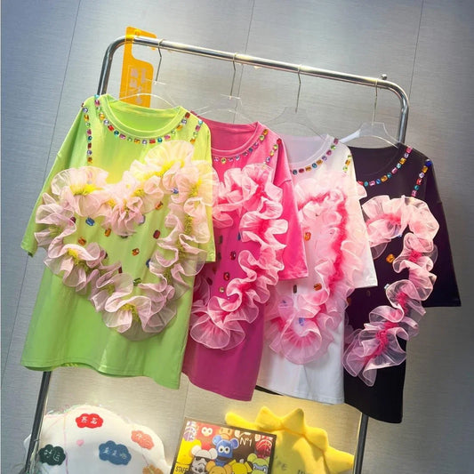 Harajuku Summer Rainbow Color Diamonds Beading T-shirts Mesh Splice Love Shaped Ruffles Rhinestones Tees Loose Jumpers Tops