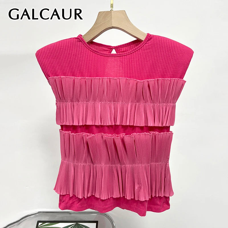 GALCAUR Solid Slimming Spliced Hollow Out Fashion Blouse For Women Round Neck Sleeveless Patchwork Mesh Top Female Clthing New