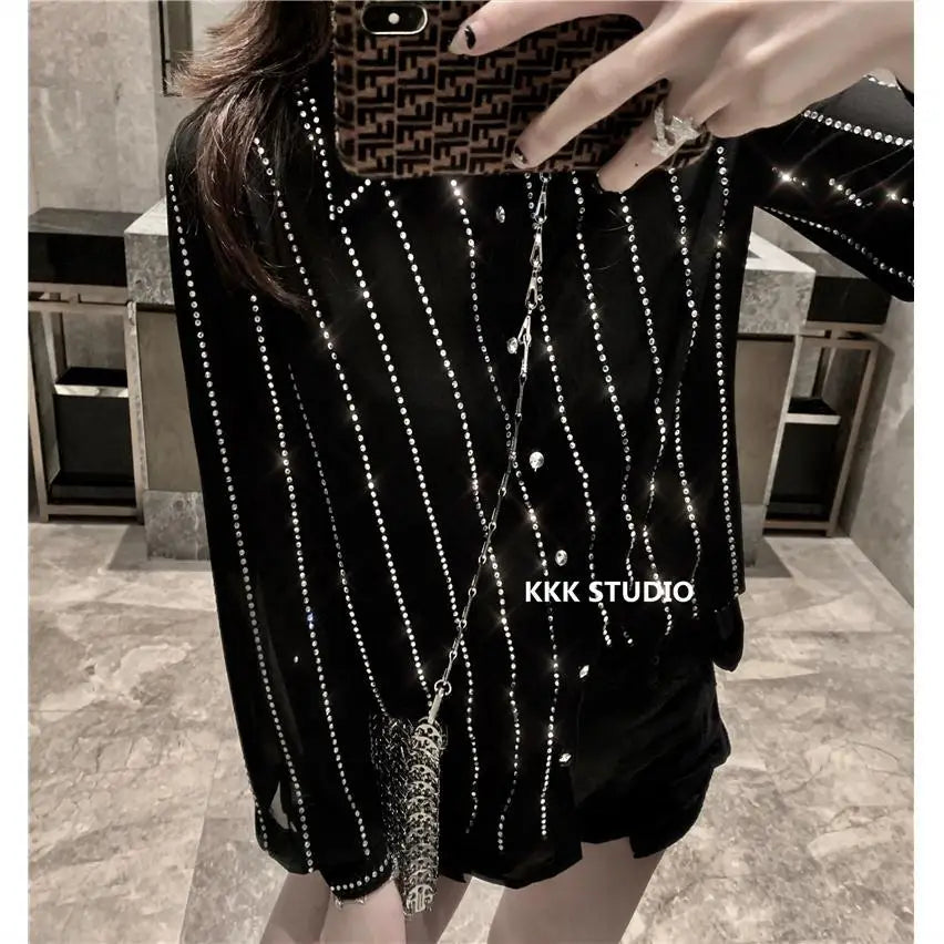 Luxury Women Fall Beaded Striped Shirts Retro Diamonds Blouse Sequned OL Cardigan Blusas Mujer Long-sleeved Loose Crop Tops