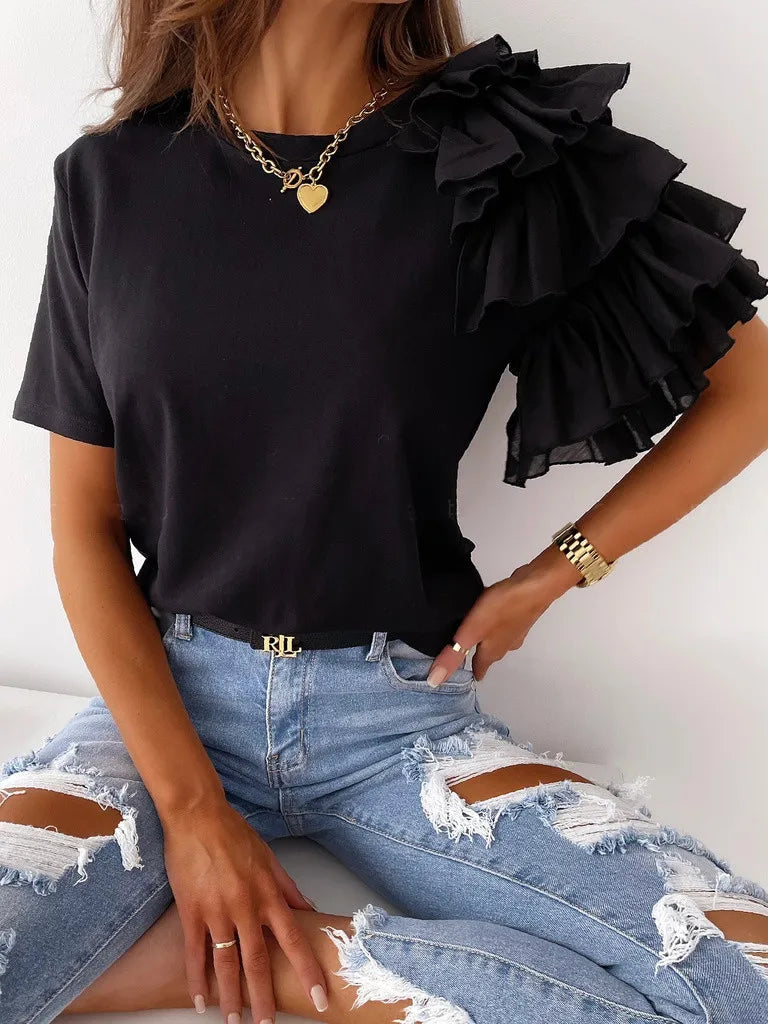 Elegant Mesh Ruffles Short Sleeves Loose T-Shirt Women's Casual O Neck Solid Basic Versatile Tops Chic Streetwear T-Shirt Blouse